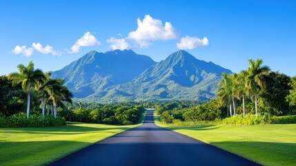 Road to the Summit: An empty, sun-drenched asphalt road leads the eye towards majestic mountains, the path framed by vibrant green grass and towering palm trees.