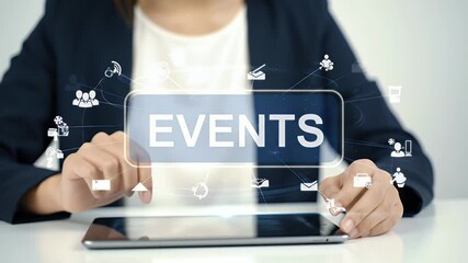 Young Businesswoman in Navy Suit Interacting with Digital Events Interface on a Tablet Over White Desk With Event Icons Overlays