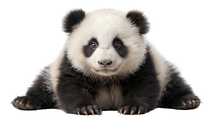 Naklejka premium Adorable giant panda cub sitting and looking directly at the camera with intense focus isolated on transparent background