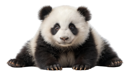 Adorable giant panda cub sitting and looking directly at the camera with intense focus isolated on transparent background