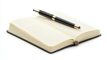 notebook open with pen on top, pure white studio setting, productinuse concept, premium commercial look