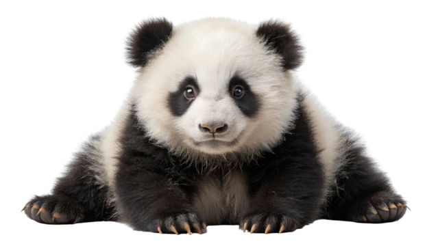 Adorable giant panda cub sitting and looking directly at the camera with intense focus isolated on transparent background
