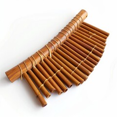 romanian pan flute (nai) isolated on white background, curved wooden pipes, cultural traditional instrument, soft lighting, clean shadows, folk aesthetic