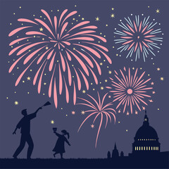 Black silhouette vector of fireworks exploding in the sky. Perfect for festive invitations, holiday celebrations, New Year designs, party graphics, patriotic themes, night scenes.