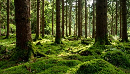 Fototapeta premium Lush forest floor bathed in sunlight
