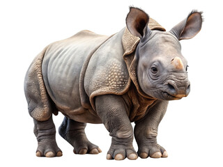 Obraz premium A young indian rhinoceros with thick grey skin and a single horn stands facing forward isolated on transparent background
