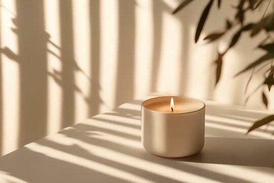 candle partially burned, soft shadowed white surface, lifestyleinspired composition, studiograde lighting