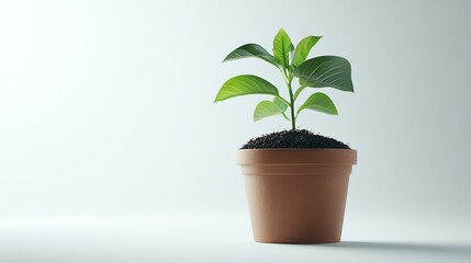 Fototapeta premium small plant pot with visible soil, bright white background, productinuse concept, clean product focus