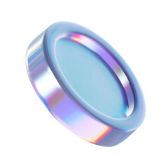 3D chrome coin isolated on transparent background. Neon holographic primitive shape