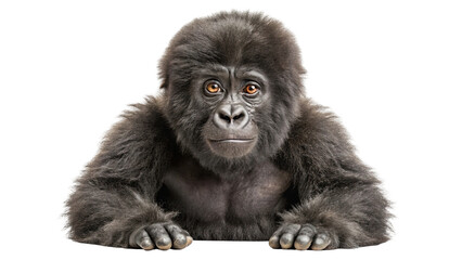 Fototapeta premium A young gorilla with intelligent amber eyes and dark fur rests its paws forward looking directly at the camera isolated on transparent background