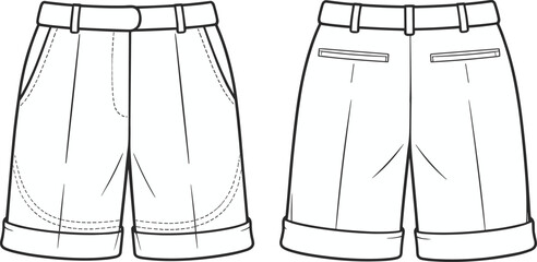 Classic Women's Pleated Cuffed Bermuda Shorts Flat Technical Fashion Drawing, Front and Back Views, Versatile Summer Apparel Vector Illustration