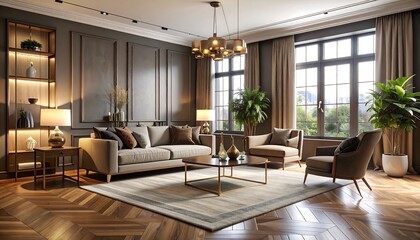 Elegant Living Room Interior with Natural Light and Cozy Furniture