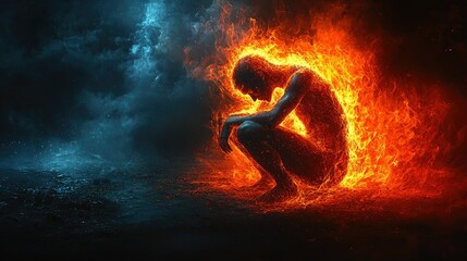 A figure consumed by flames, surrounded by contrasting elements.