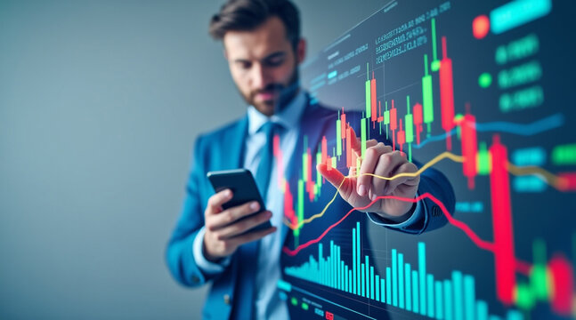 Businessman analyzing stock market data on screen with smartphone in hand