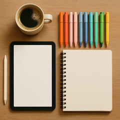 Creative Workspace with Tablet, Notebook, and Colorful Pens
