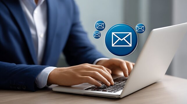 Businessman using laptop with email notifications appearing digitally