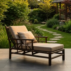 Fototapeta premium Beige Cushioned Bamboo Chaise Lounge on Stone Patio in Garden