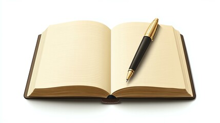 notebook open with pen on top, soft shadowed white surface, realistic texture details, highend branding style