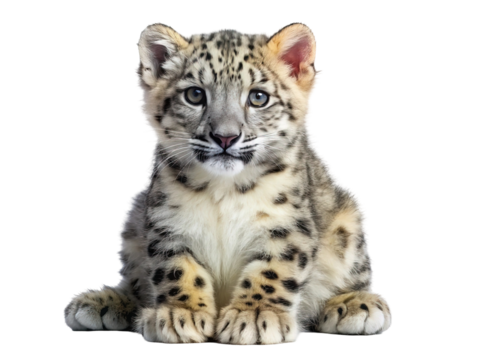 Adorable snow leopard cub sitting and looking directly at the camera with its paws in front isolated on transparent background