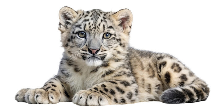 Adorable snow leopard cub with striking blue eyes and beautiful spotted fur lying down isolated on transparent background