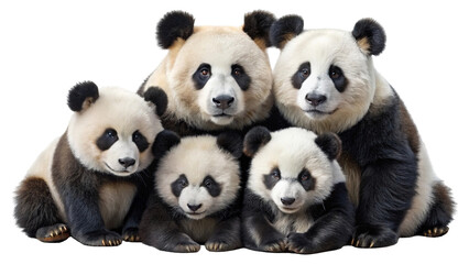 Obraz premium A charming family of five giant pandas including adults and cubs gathered together on a transparent background isolated on transparent background
