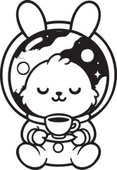 Cute cartoon bunny astronaut in a helmet filled with stars and planets, enjoying a cup of coffee