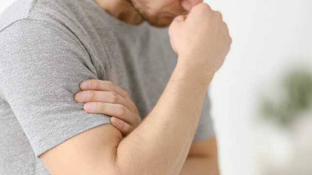 Male Figure Sneezing Into Elbow With Blurred Background Conveying Health Awareness and Hygiene Practices