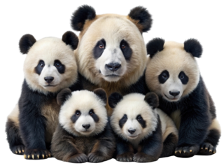 A family of adorable giant pandas sitting together with curious expressions on a transparent background isolated on transparent background