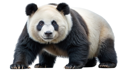 A full body portrait of a giant panda bear standing and looking directly at the camera with its distinctive black and white markings isolated on transparent background