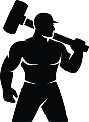 Silhouette of a muscular construction worker holding a large sledgehammer over his shoulder symbolizing strength power and the construction or demolition industry in a bold