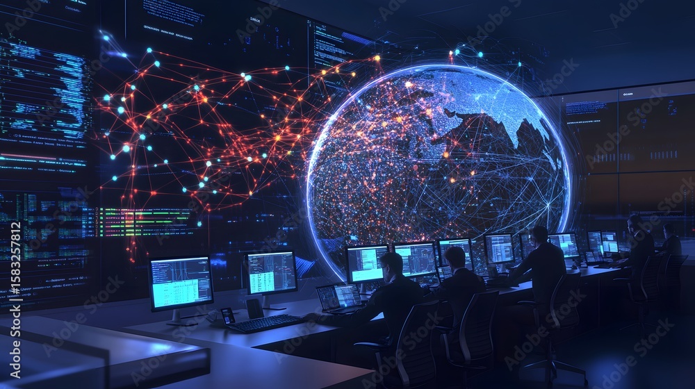 Poster a global network monitoring room filled with servers and technicians.