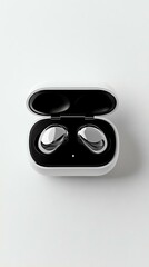 earbuds in charging case, bright white background, visually balanced mockup, premium commercial look