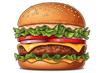 Hamburger Illustration Cartoon Fast Food Design, Tasty Hamburger with Melting Cheese Hand‑Drawn Style Illustration