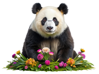 Adorable giant panda bear sitting amidst a vibrant colorful spring flower bed isolated on transparent background