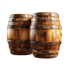 Fototapeta premium Two detailed wooden wine barrels on a transparent background showcasing craftsmanship and heritage