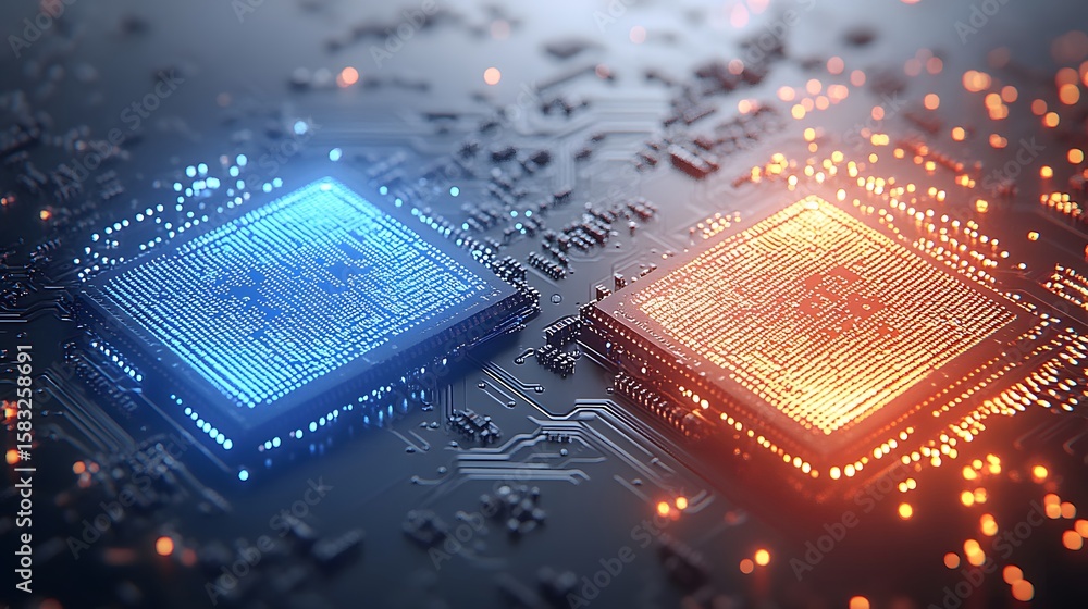 Poster two contrasting computer processors on a circuit board.