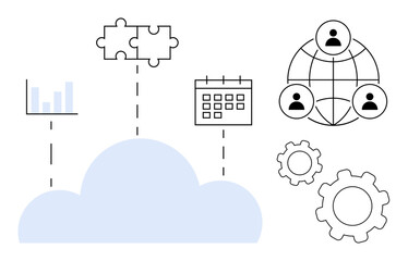 Blue cloud element connected to chart, puzzle pieces, calendar, network, gears. Ideal for teamwork, technology, collaboration data planning cloud solutions efficient workflows. Simple landing