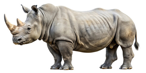 Obraz premium A realistic depiction of a large white rhinoceros with its distinctive horn and thick wrinkled skin isolated on transparent background