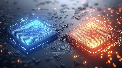 Two contrasting computer processors on a circuit board.