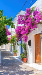 Naklejka premium Bougainvillea Adorned Alley: A picturesque alley is brought to life by vibrant bougainvillea flowers cascading down the whitewashed building, set against a striking blue sky