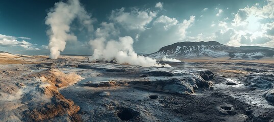 Panoramic shot of a geothermal power field releasing steam into the natural horizon.