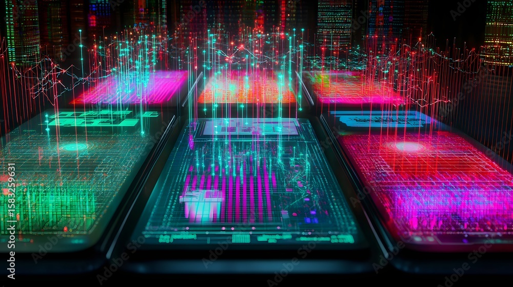 Poster digital displays showcasing complex data visualizations.