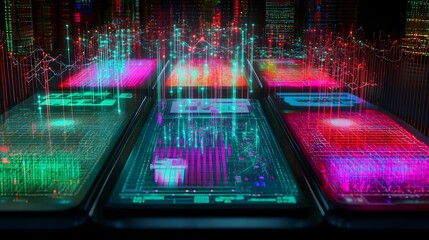 Digital displays showcasing complex data visualizations.