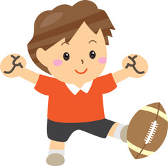 ラグビーボールを蹴る笑顔の男の子のイラスト