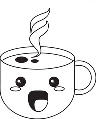Hot coffee cup symbol kawaii cartoon in black and white Stock