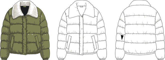 Winter puffer jacket technical flat sketch, fur collar coat design, vector CAD drawing, front and back view, garment illustration © Monir Worlds