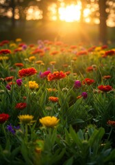 Fototapeta premium Vibrant Sunset Over Colorful Flower Field