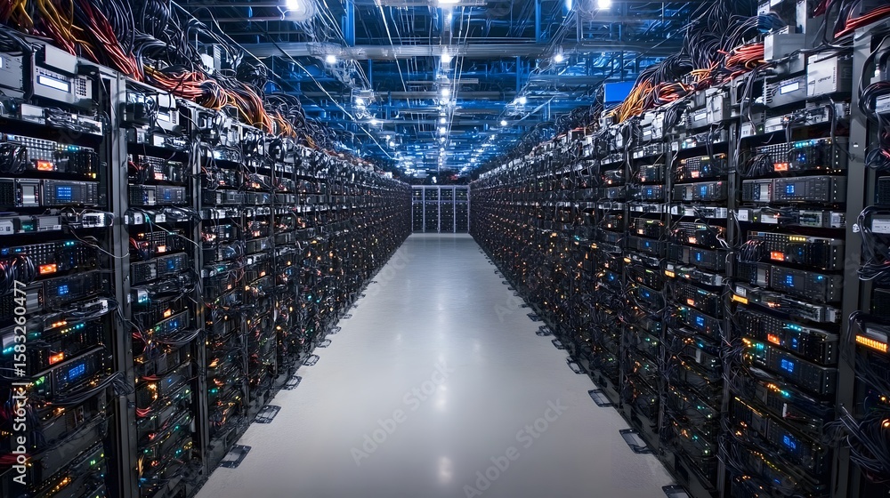 Poster rows of server racks in a large data center.