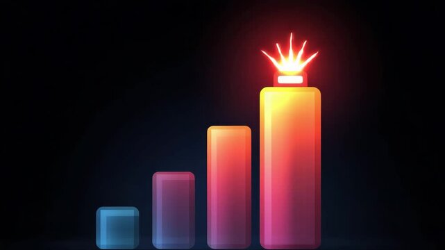 Series of three colored blocks with a red flame on top. stylized battery icon filling up in sync with candlestick ladder, soft gradients, sustainable energy stocks