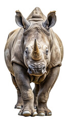 Obraz premium A majestic rhinoceros with a prominent horn and textured skin is captured head on isolated on transparent background